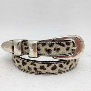 BB Simon Leopard Calf Hair Western Silver Tip Skinny Belt Womens S Cream Brown